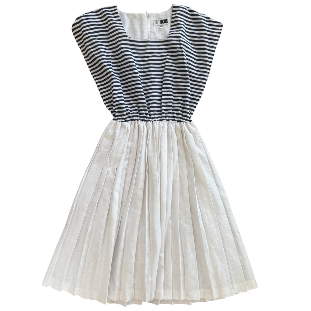 Petite Focus Nautical Sailor Dress Striped Pleated Midi Navy White 80s Vintage